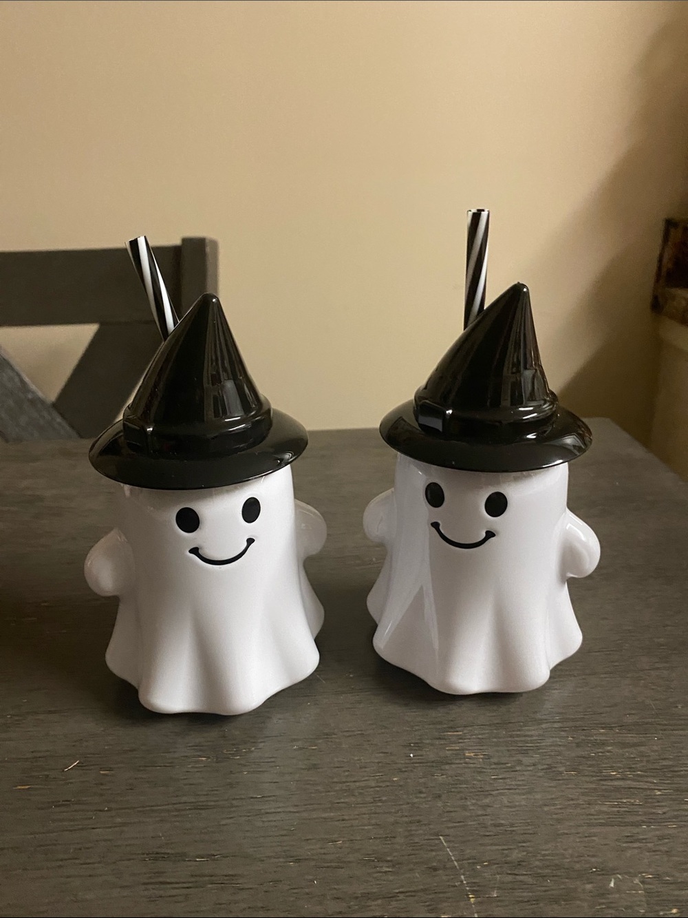 Halloween Ghost Drink Cups with Black Witch Hats - Set of 2